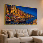 Banaras Ghats Diya and Boat Scene Canvas Painting for Living Room Decor