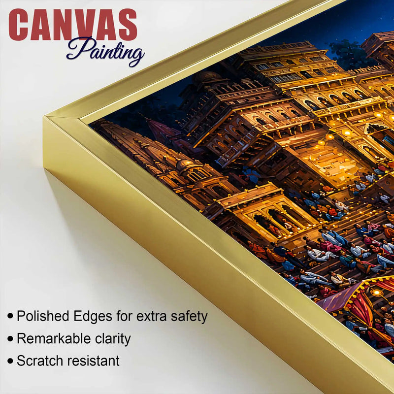 Banaras Ghats Diya and Boat Scene Canvas Painting for Living Room Decor