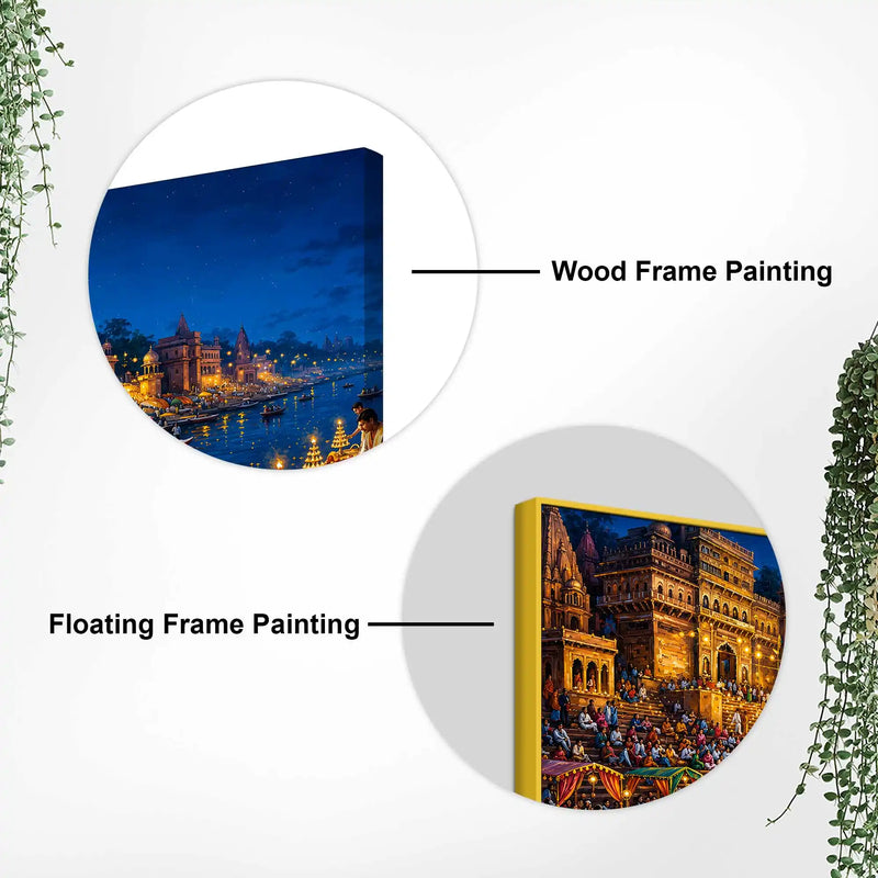 Banaras Ghats Diya and Boat Scene Canvas Painting for Living Room Decor