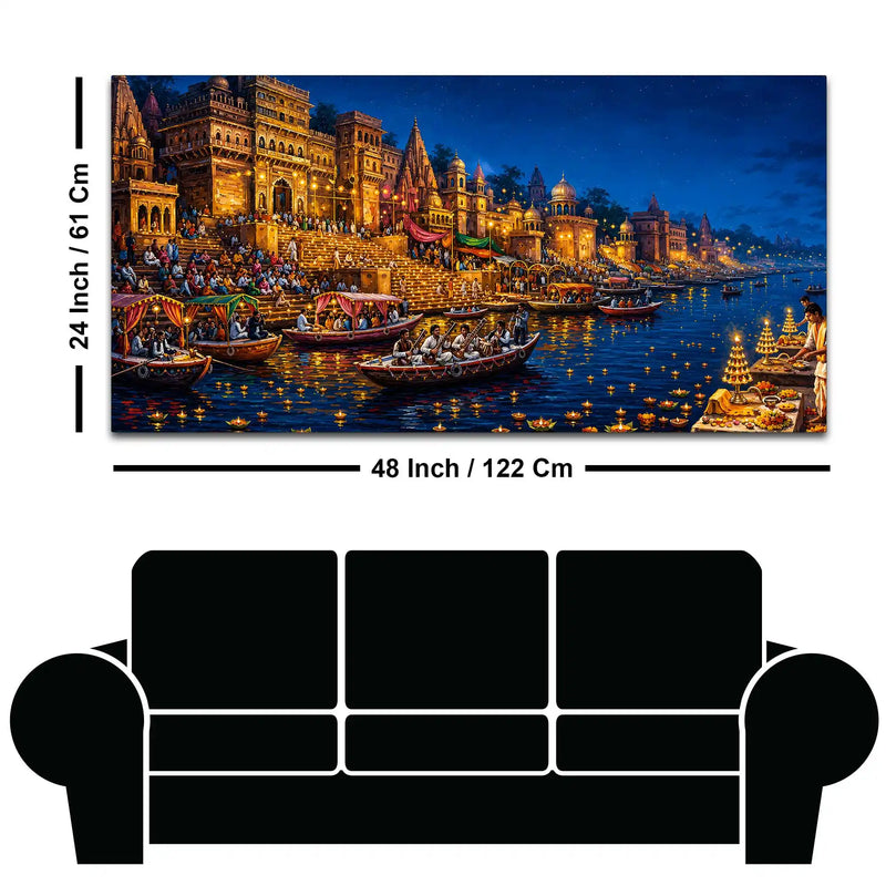 Banaras Ghats Diya and Boat Scene Canvas Painting for Living Room Decor