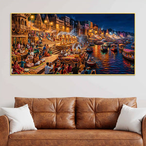 Banaras Riverside Devotional Scene Canvas Art Painting for Bedroom Decor