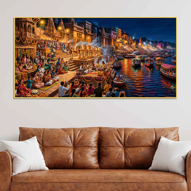 Banaras Riverside Devotional Scene Canvas Art Painting for Bedroom Decor