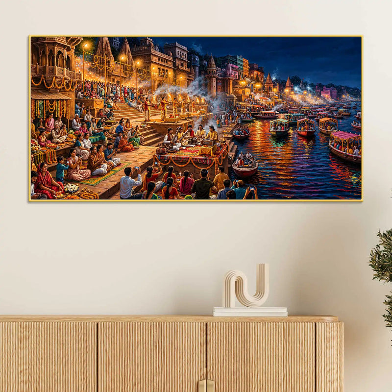 Banaras Riverside Devotional Scene Canvas Art Painting for Bedroom Decor