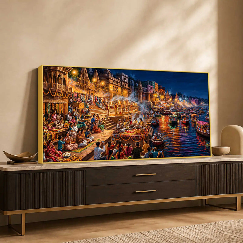 Banaras Riverside Devotional Scene Canvas Art Painting for Bedroom Decor