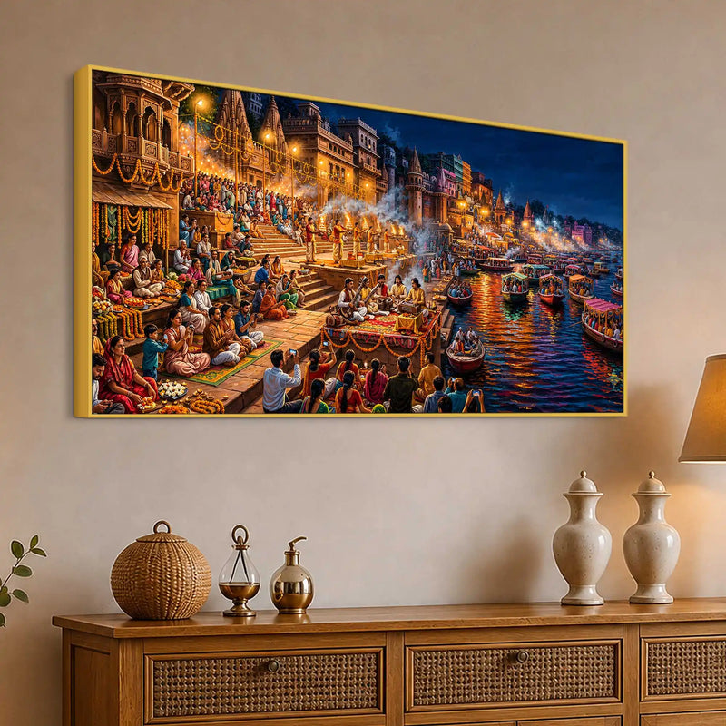 Banaras Riverside Devotional Scene Canvas Art Painting for Bedroom Decor