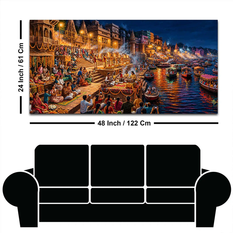 Banaras Riverside Devotional Scene Canvas Art Painting for Bedroom Decor