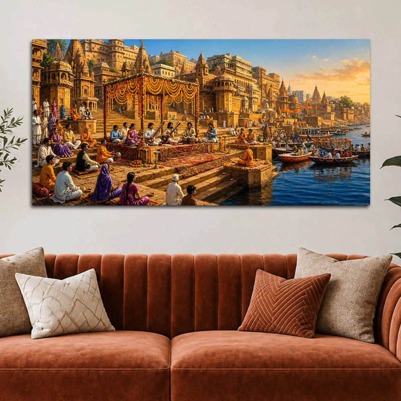 Banaras Riverside Traditional Music Painting for Home Wall Decor
