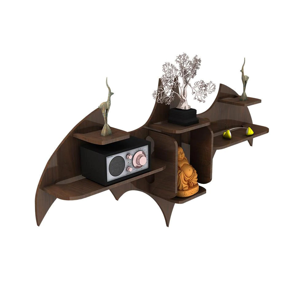 Bat Shape Backlit Designer Wooden Wall Shelf Book Shelf Night Light, Walnut Finish