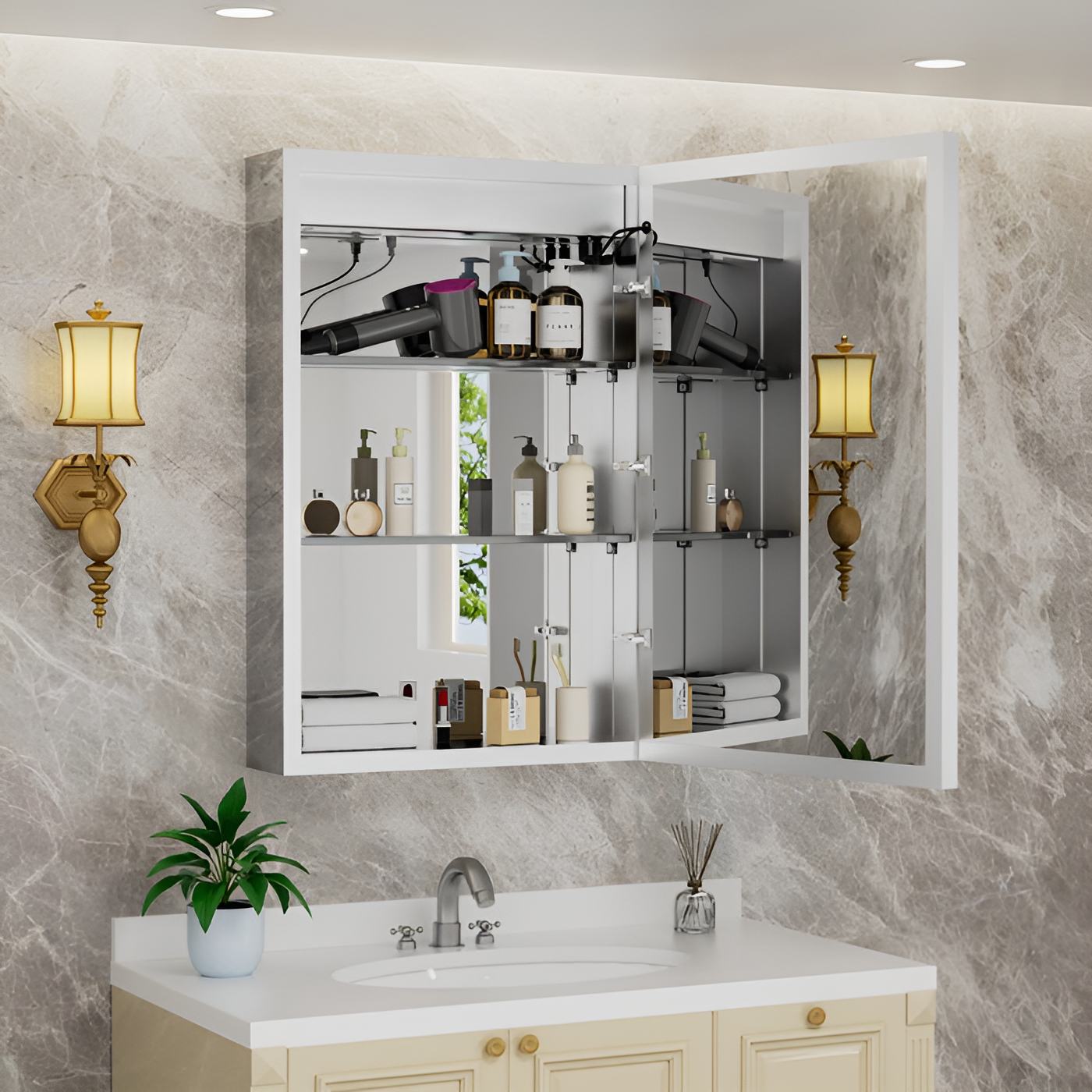 Bathroom Mirror Cabinet with Lighting and Ample Storage