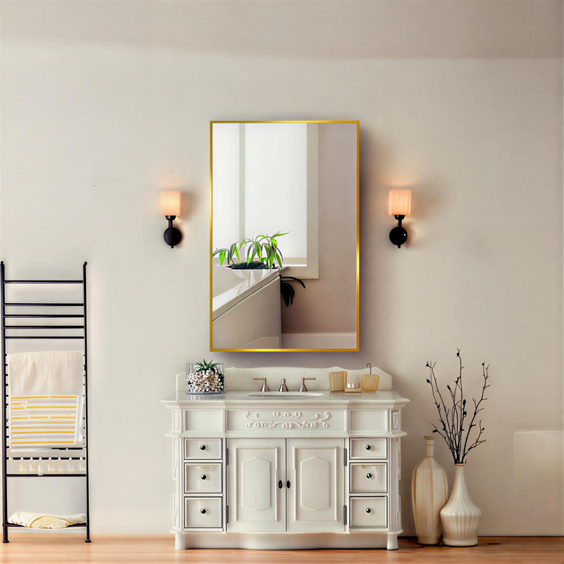 Bathroom Mirror with Gold Wooden Frame and Internal Shelves