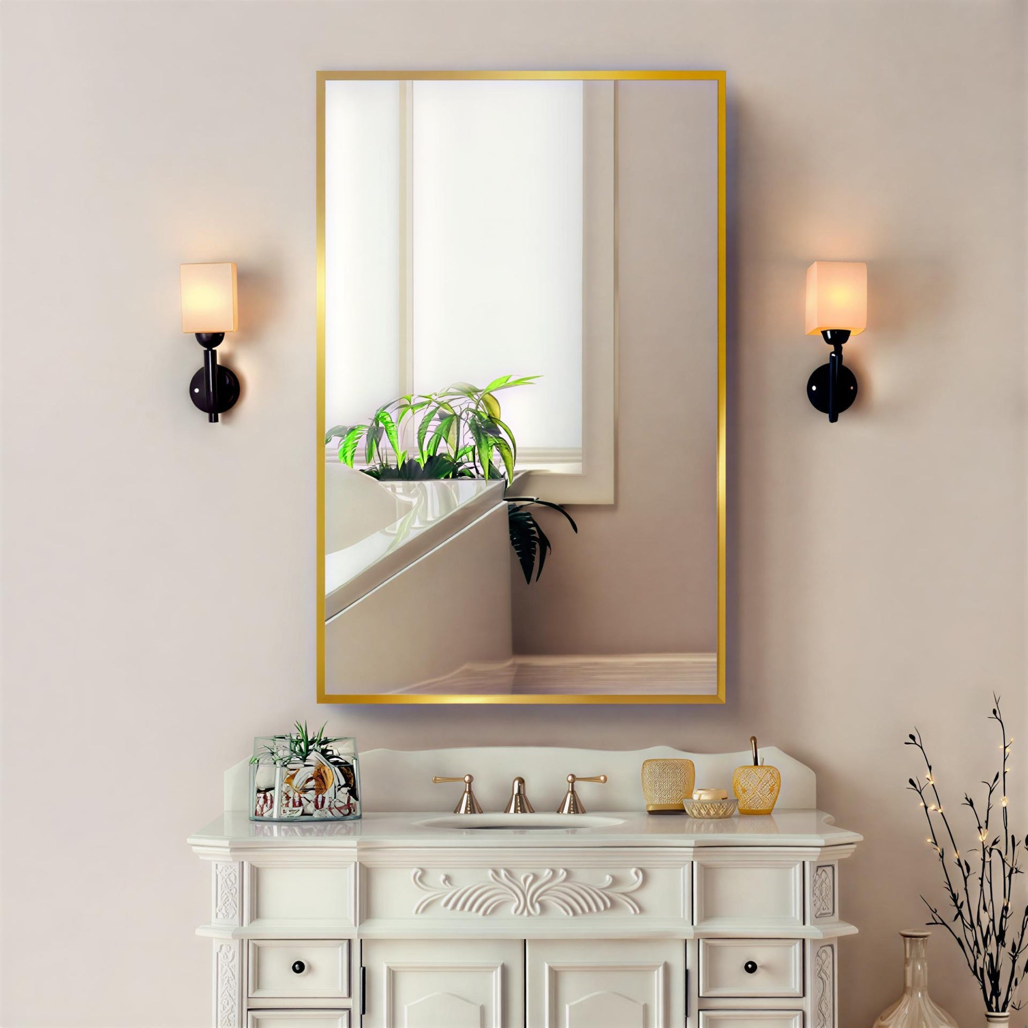 Bathroom Mirror with Gold Wooden Frame and Internal Shelves