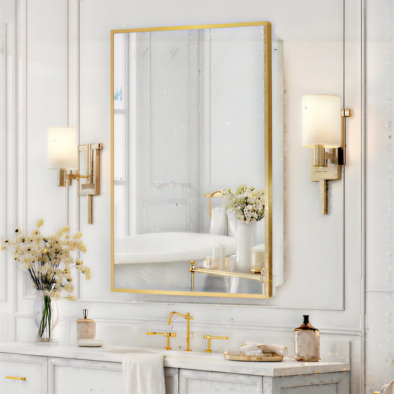 Bathroom Mirror with Gold Wooden Frame and Internal Shelves