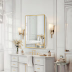 Bathroom Mirror with Gold Wooden Frame and Internal Shelves