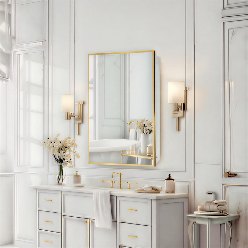 Bathroom Mirror with Gold Wooden Frame and Internal Shelves