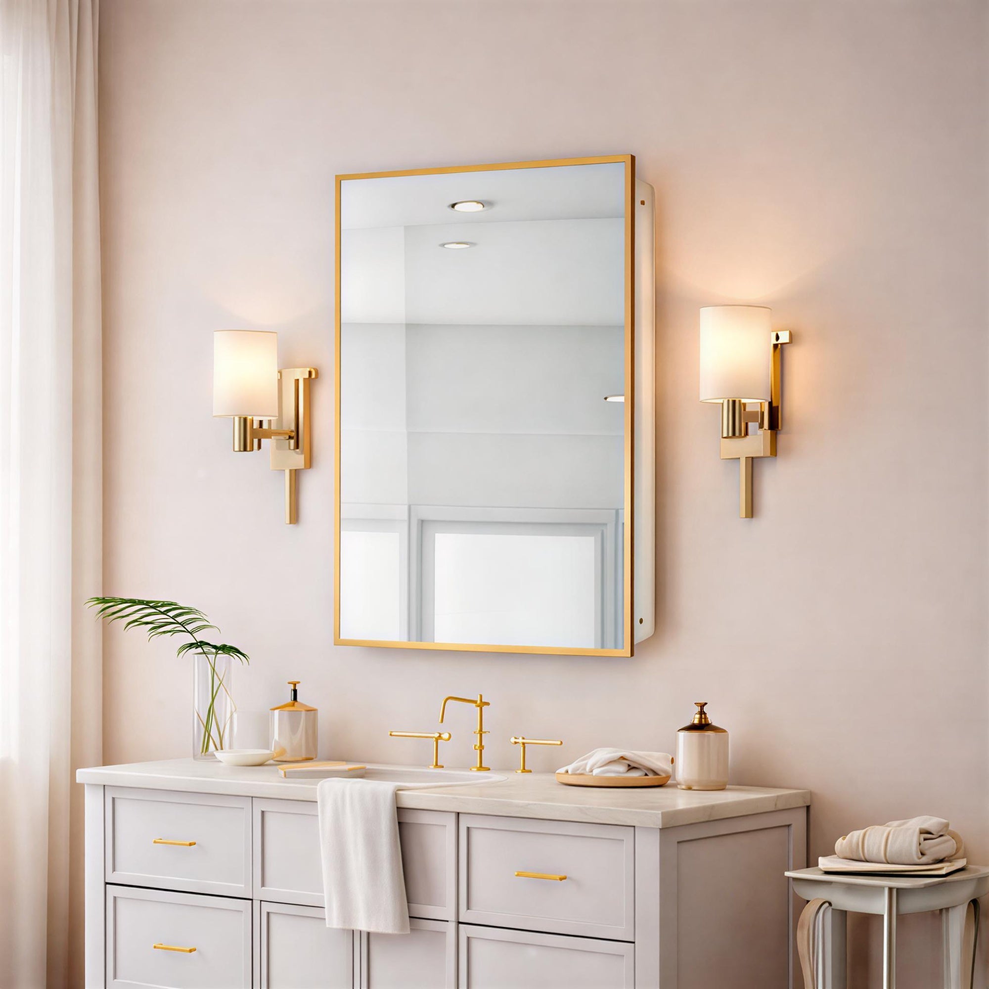 Bathroom Mirror with Gold Wooden Frame and Internal Shelves