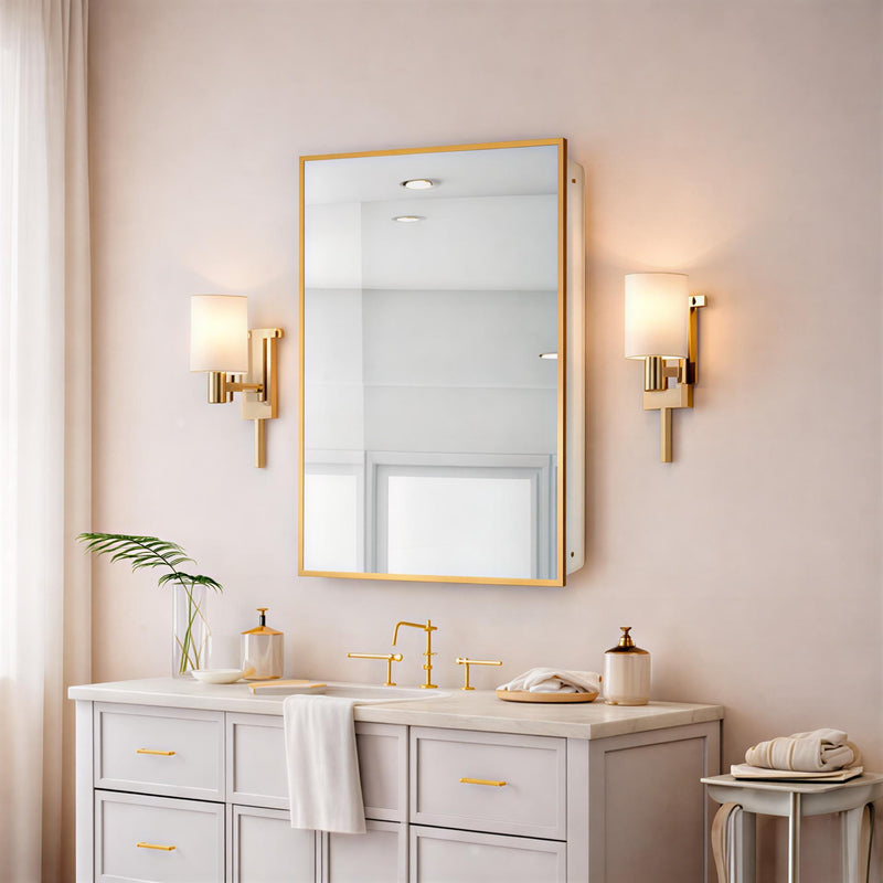 Bathroom Mirror with Gold Wooden Frame and Internal Shelves
