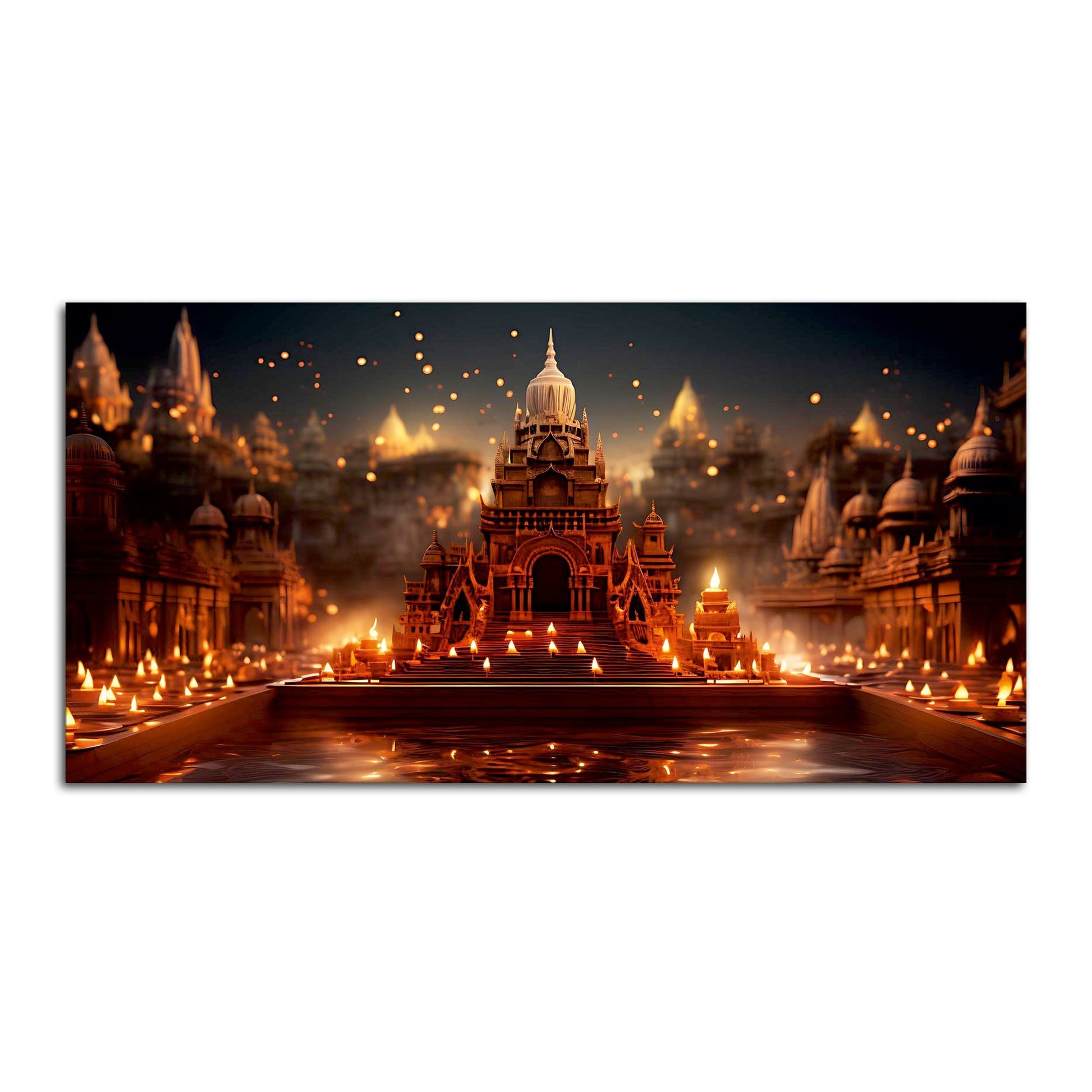 Beautiful  Adorned Diwali View of a Temple Canvas Wall Painting