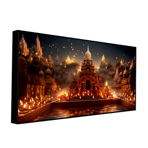 Beautiful  Adorned Diwali View of a Temple Canvas Wall Painting