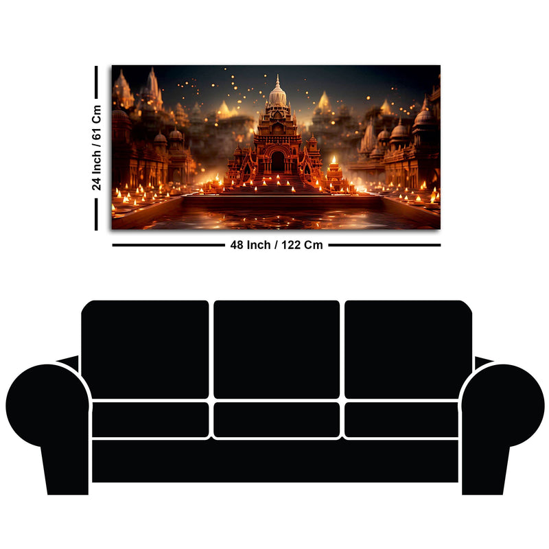 Beautiful  Adorned Diwali View of a Temple Canvas Wall Painting