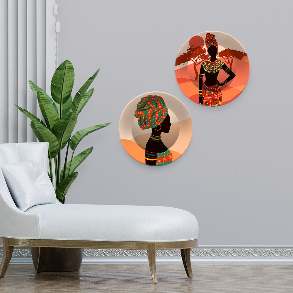 Beautiful Art of African Women Wall Hanging Plates of Two Pieces