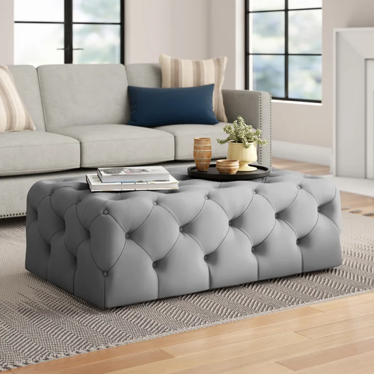 Beautiful Artistic Design Tufted Grey Velvet Ottoman