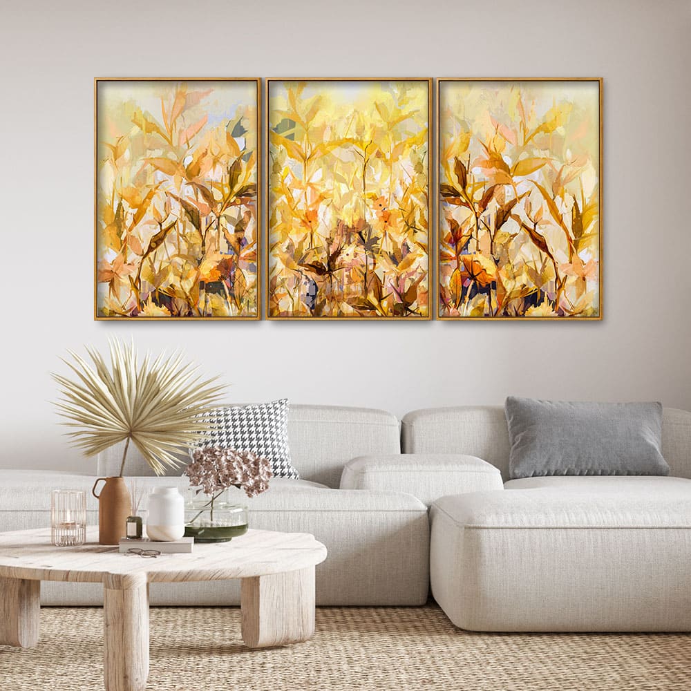 Beautiful Autumn Season with Yellow Leaves Floating Canvas Wall Painting Set of Three