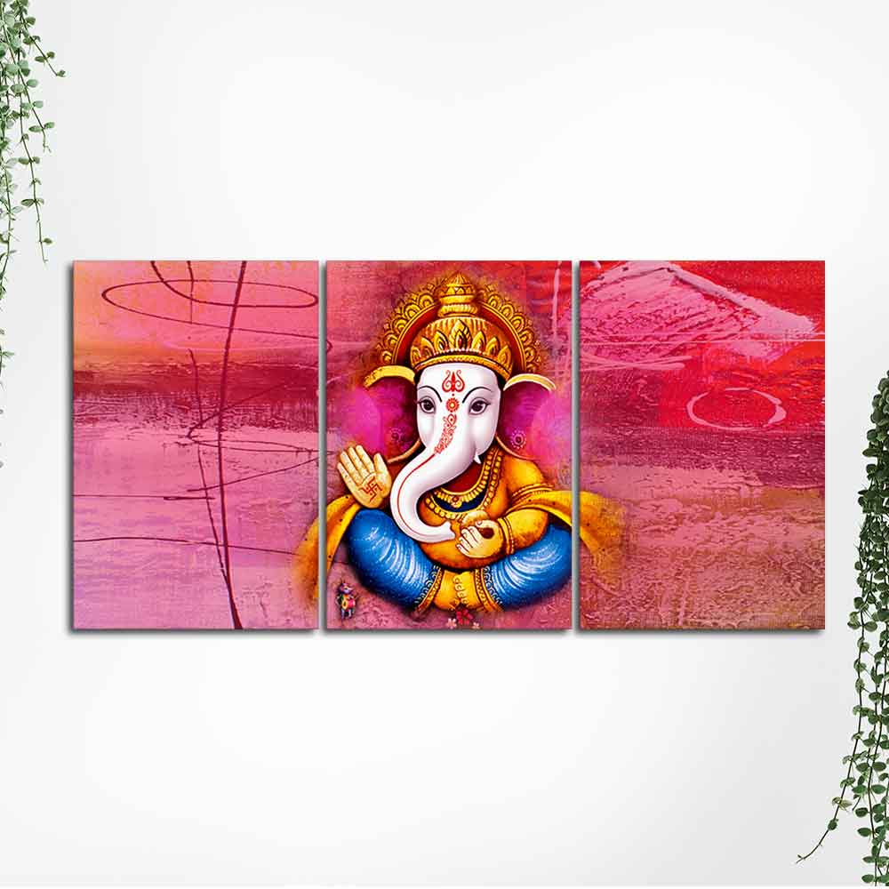 Beautiful Bal Ganesha 3 Pieces Canvas Wall Painting