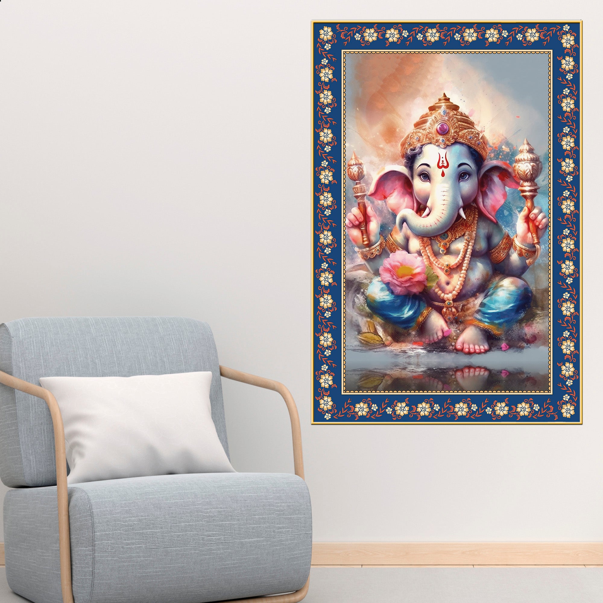 Beautiful Bal Ganesha Floral Border Vertical Wall Painting