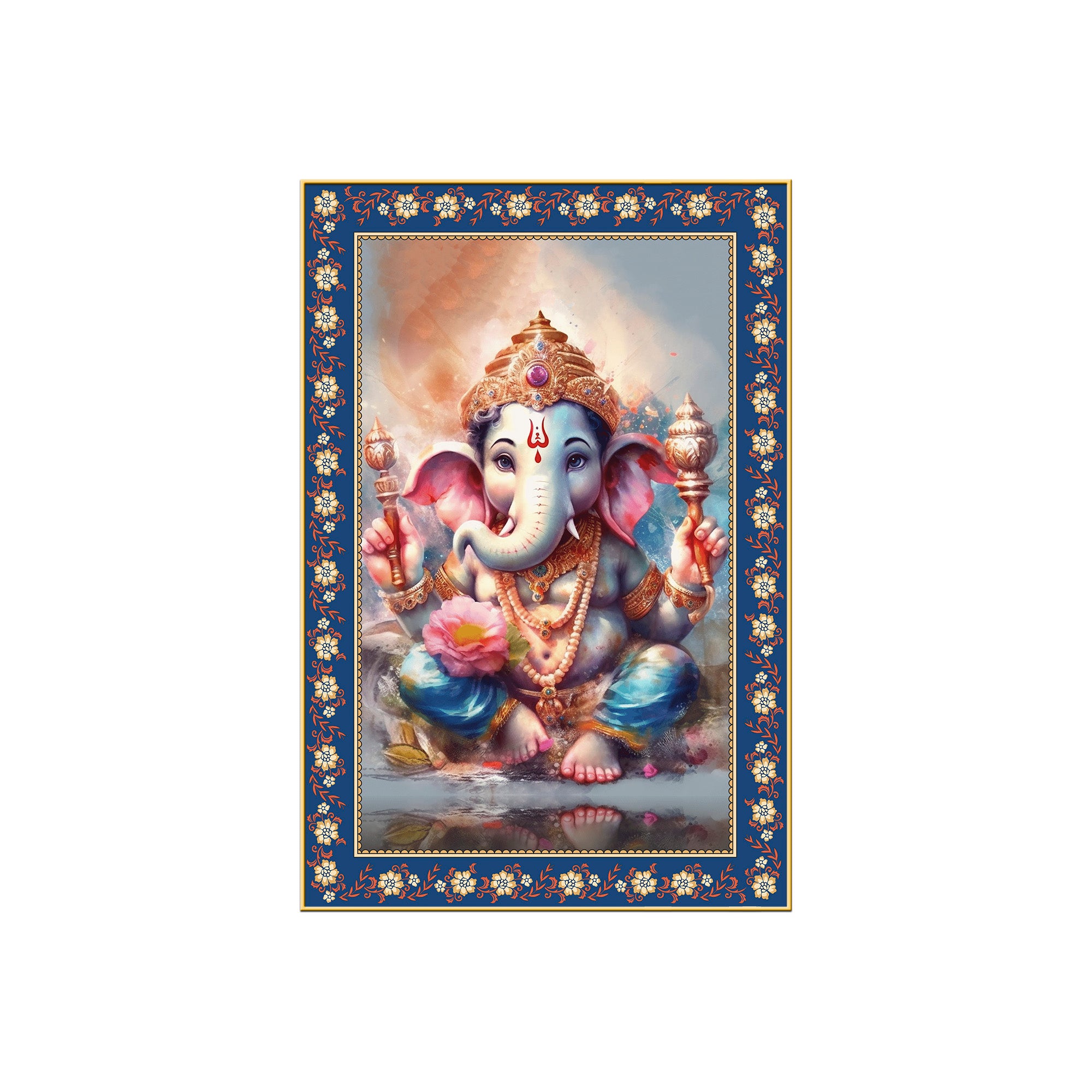 Beautiful Bal Ganesha Floral Border Vertical Wall Painting