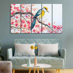 Beautiful Bird on Tree Branch Wall Painting of Five pieces