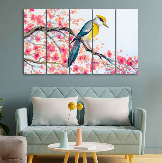 Beautiful Bird on Tree Branch Wall Painting of Five pieces