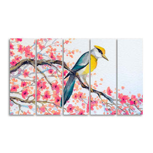 Beautiful Bird on Tree Branch Wall Painting of Five pieces