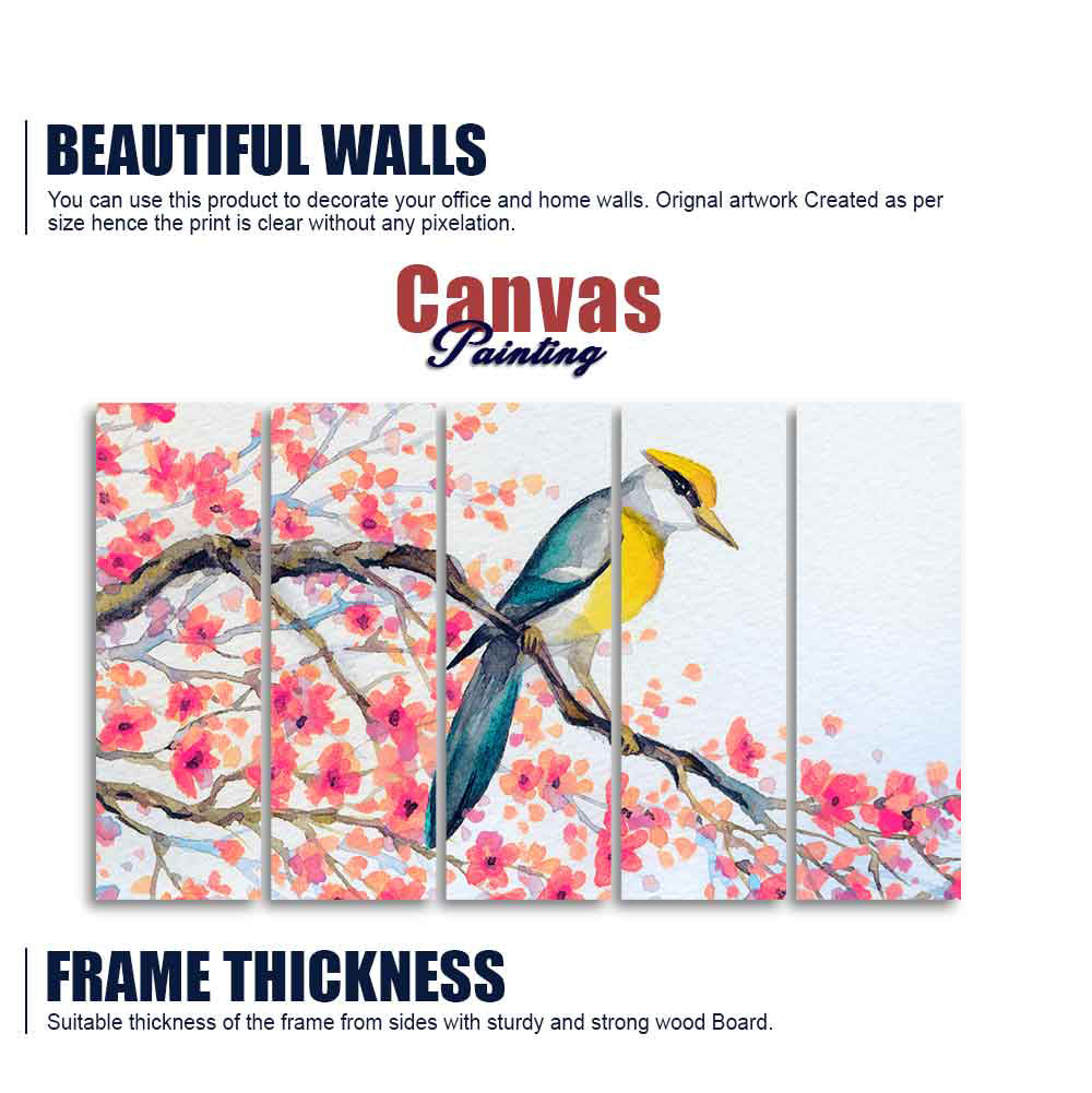 Beautiful Bird on Tree Branch Wall Painting of Five pieces