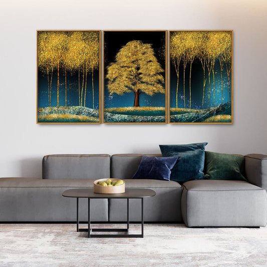 Beautiful Blue Sky and Golden Tree Floating Canvas Wall Painting Set of Three