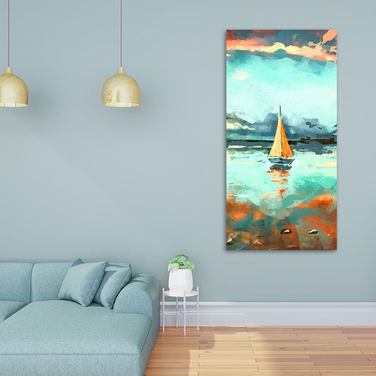 Beautiful Boat in The Ocean at Sunset Premium Canvas Wall Painting