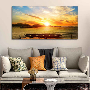 Beautiful Canvas Wall Painting of Boat on Beach & Sunset