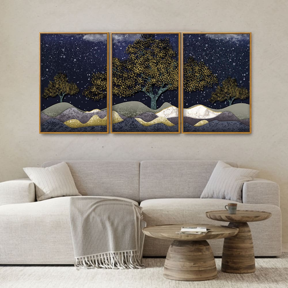 Beautiful Dark Blue Snowy Background Floating Canvas Wall Painting Set of Three