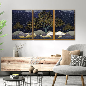 Beautiful Dark Blue Snowy Background Floating Canvas Wall Painting Set of Three