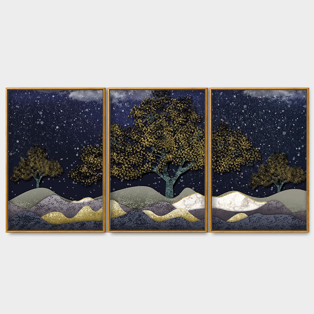 Beautiful Dark Blue Snowy Background Floating Canvas Wall Painting Set of Three