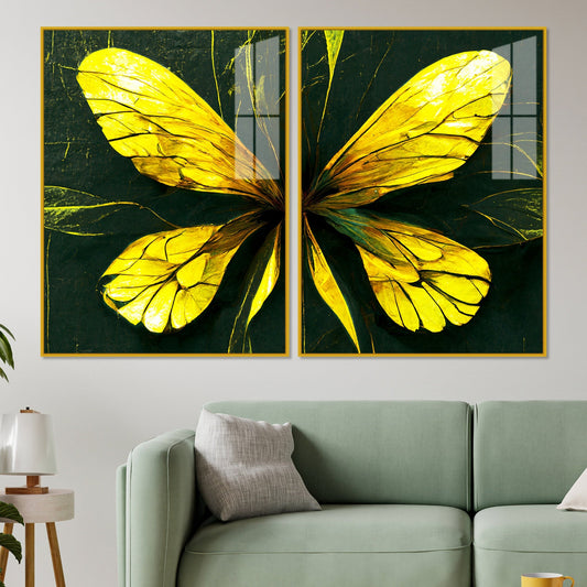 Beautiful Design of Golden Wings Art Acrylic Floating Wall Painting Set Of 2