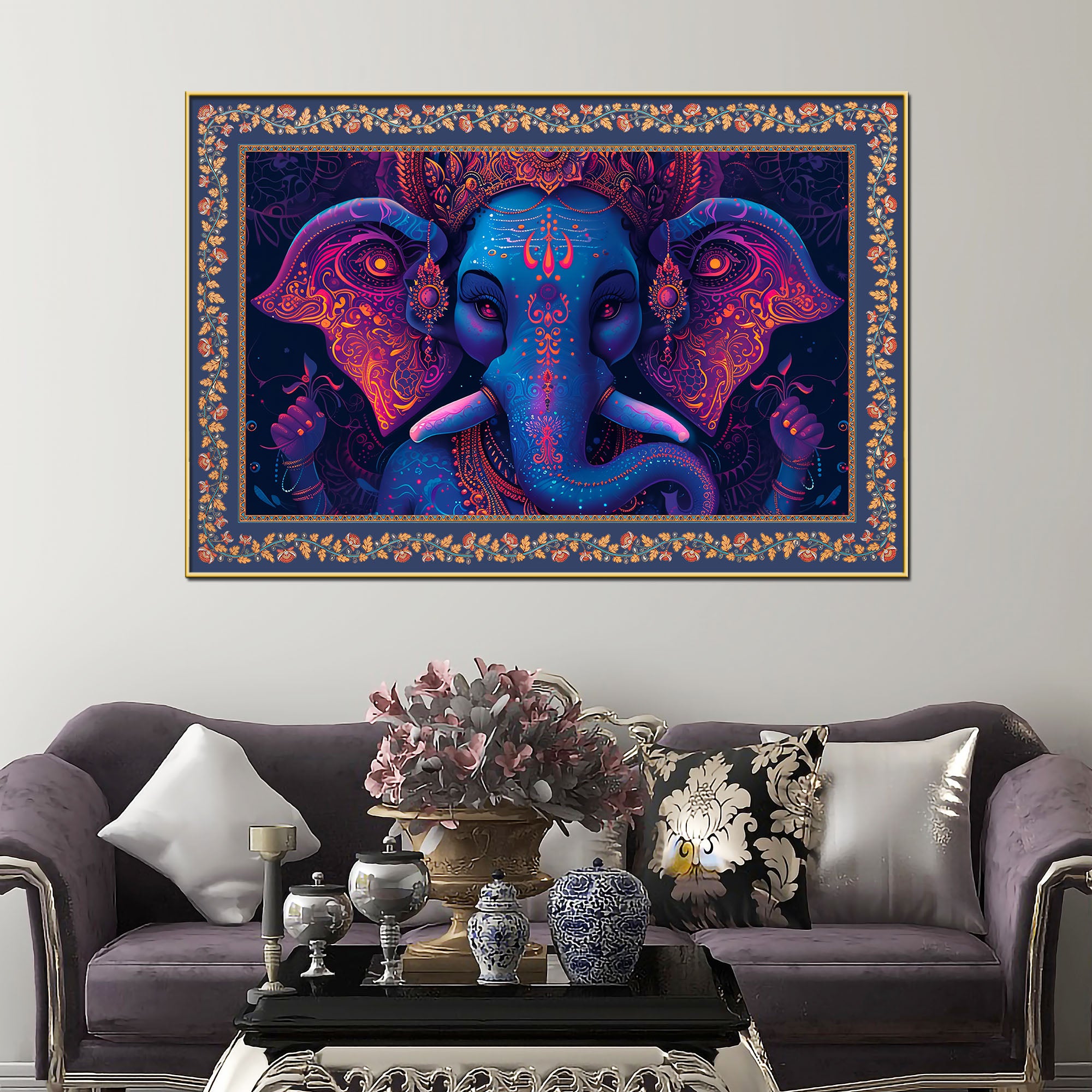 Beautiful Design Shree Ganesha Floral Border Canvas Wall Painting