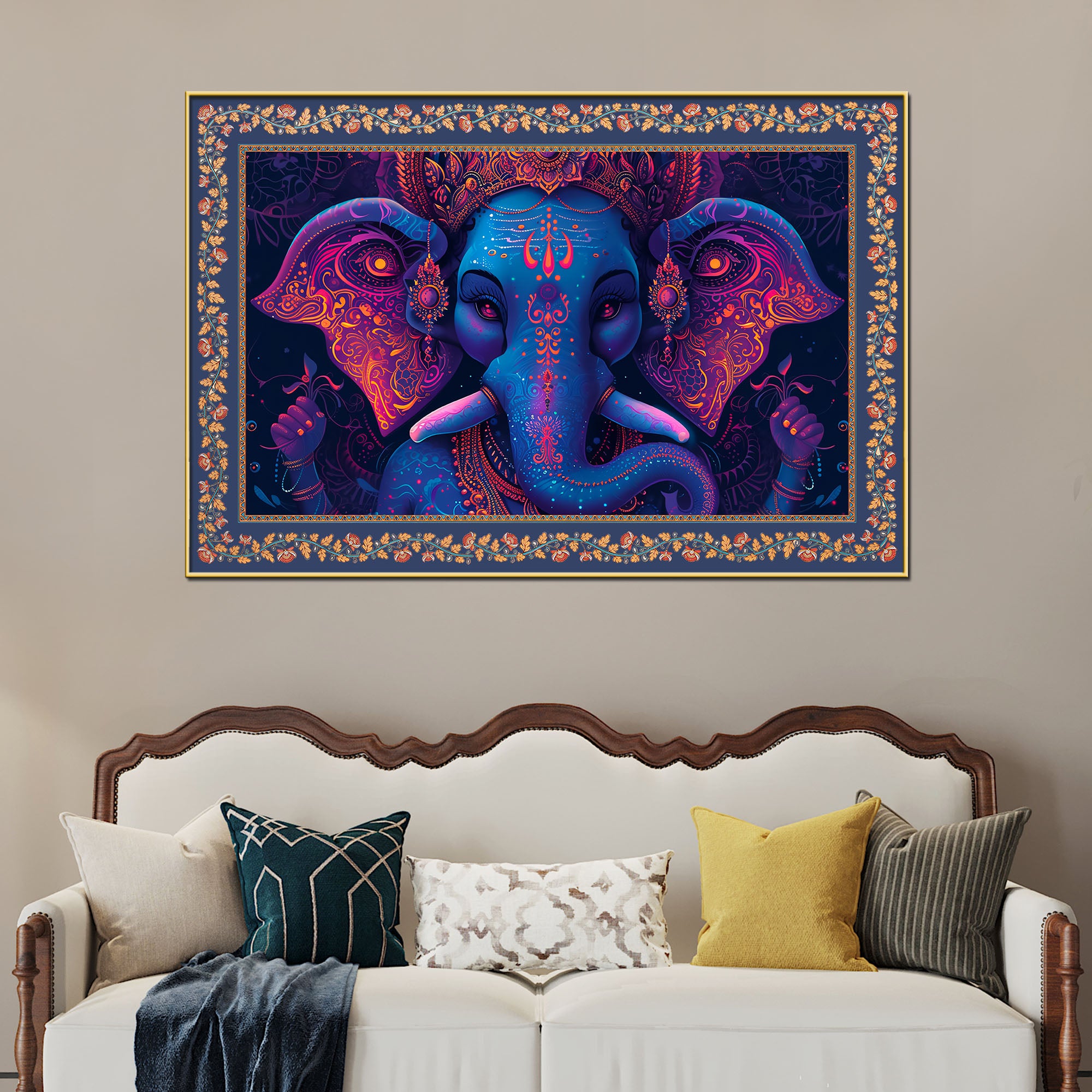 Beautiful Design Shree Ganesha Floral Border Canvas Wall Painting