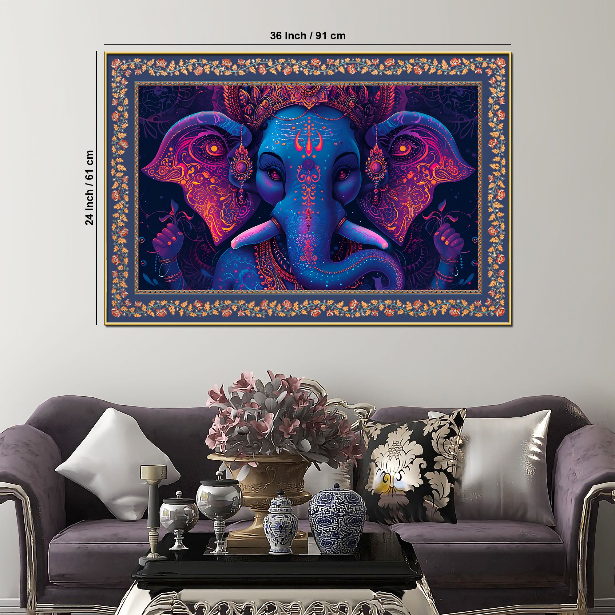 Beautiful Design Shree Ganesha Floral Border Canvas Wall Painting