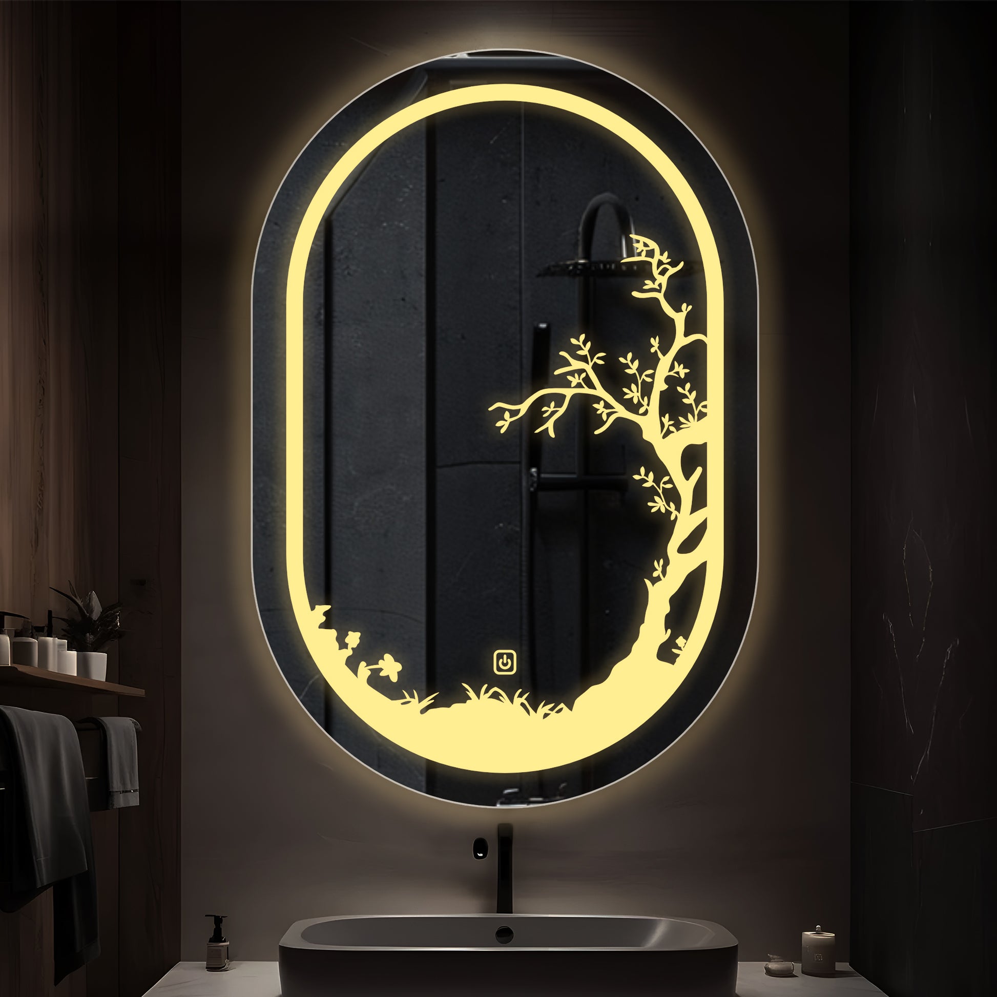 Beautiful Etching Border Edge Tree Design Art LED Bathroom Wall Mirror