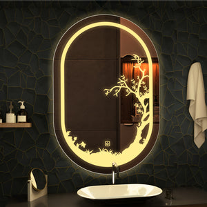 Beautiful Etching Border Edge Tree Design Art LED Bathroom Wall Mirror