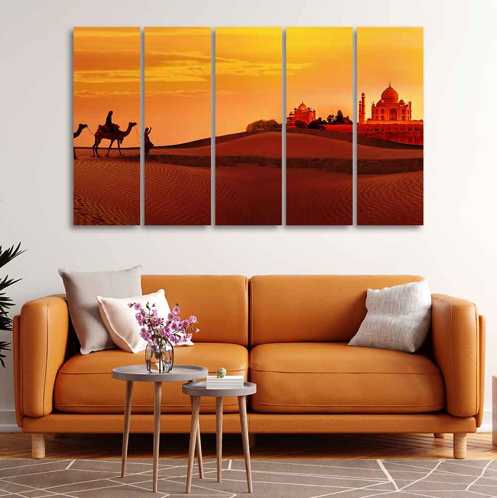 Beautiful Five Pieces Wall Painting of Camel Caravan Heading to Taj Mahal