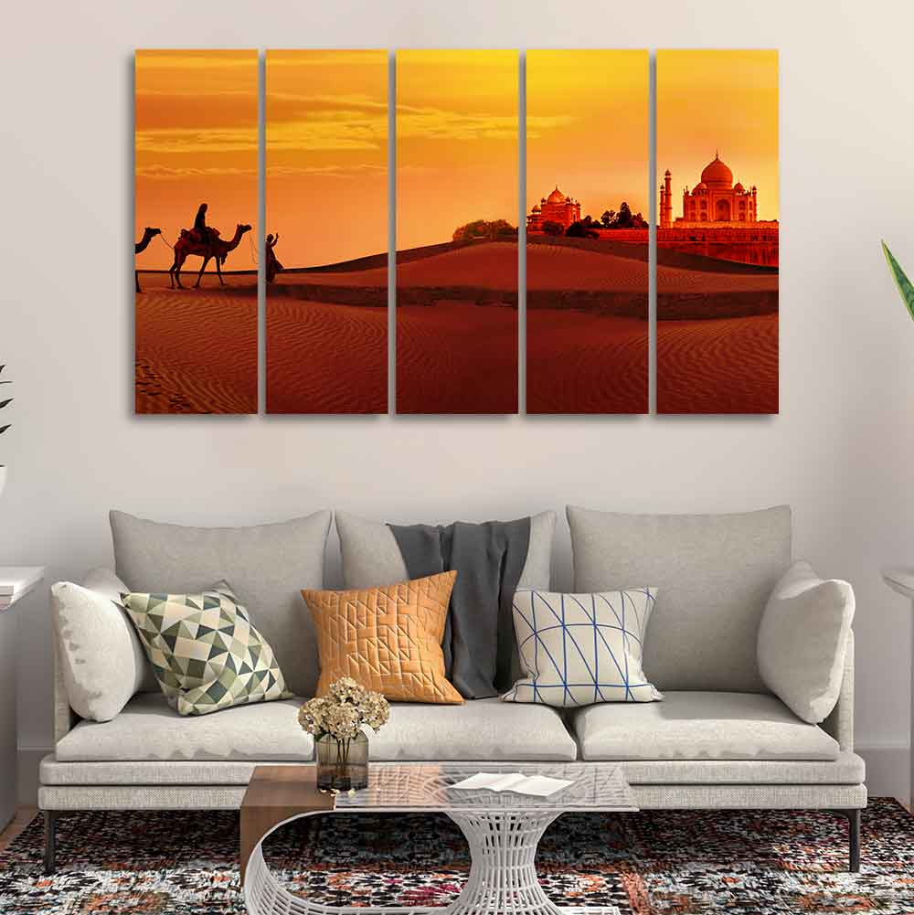 Beautiful Five Pieces Wall Painting of Camel Caravan Heading to Taj Mahal