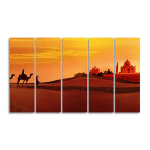 Beautiful Five Pieces Wall Painting of Camel Caravan Heading to Taj Mahal