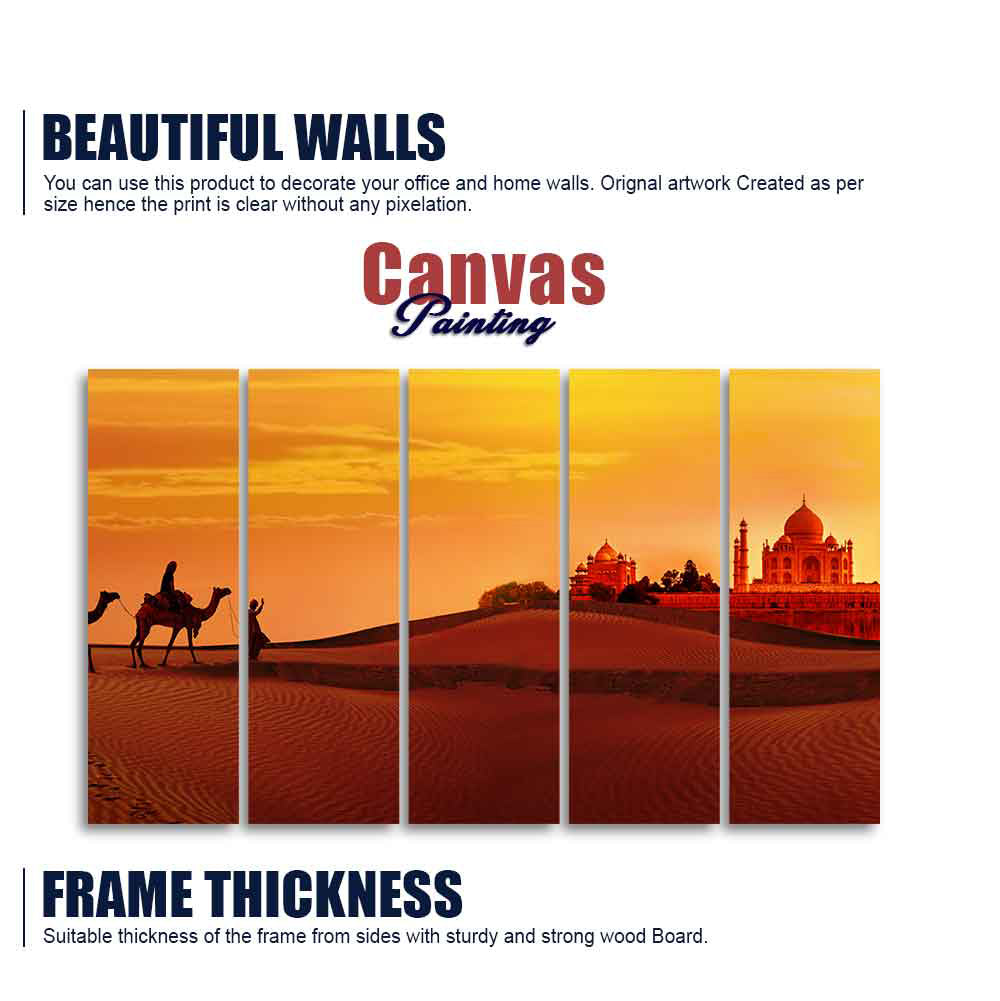 Beautiful Five Pieces Wall Painting of Camel Caravan Heading to Taj Mahal