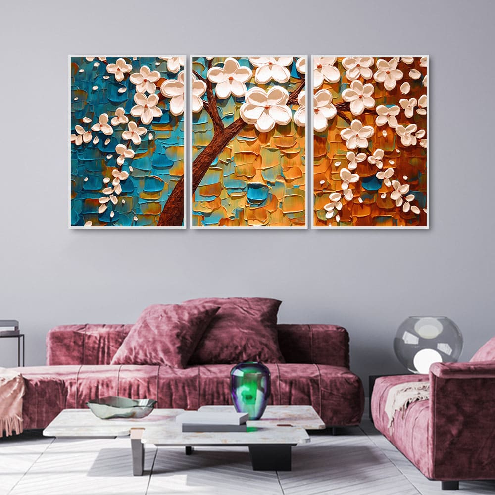 Beautiful Floral Tree Art with White Flower Floating Canvas Wall Painting Set of Three